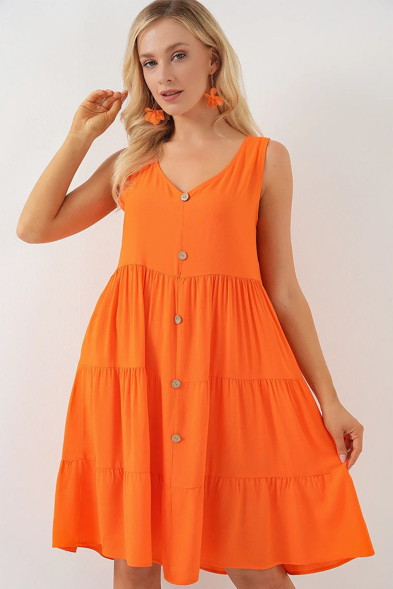 Robe femme courte sans manches boutonnée en viscose 2571