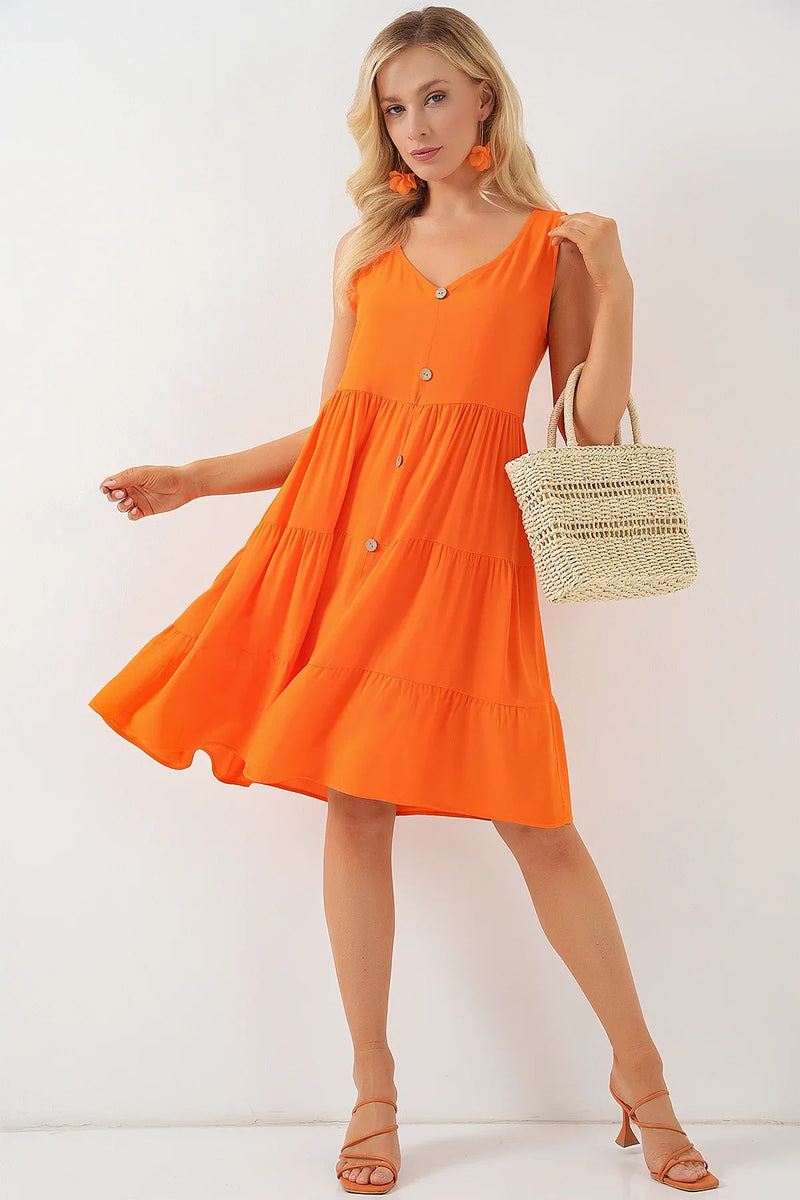 Robe femme courte sans manches boutonnée en viscose 2571
