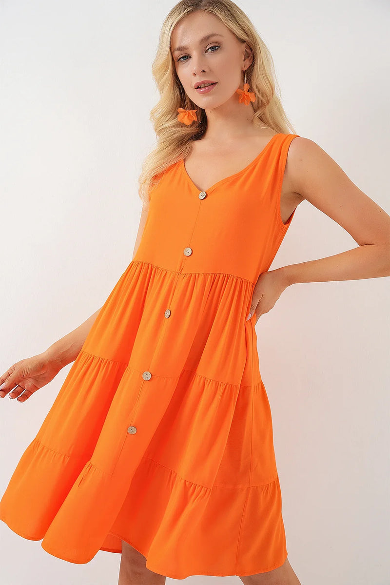 Robe femme courte sans manches boutonnée en viscose 2571
