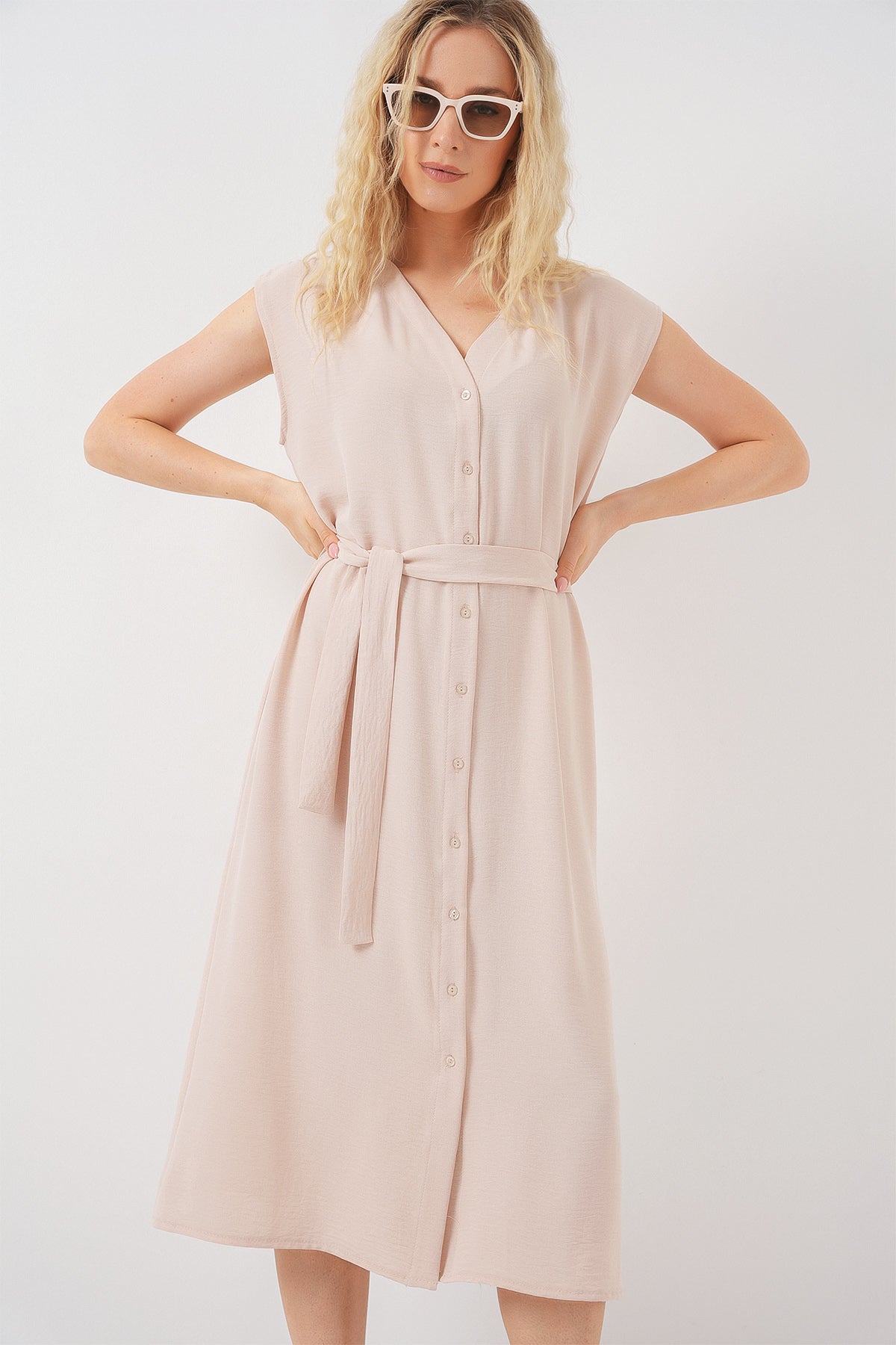 kadin sifir kol kuşakli ayrobin elbise 2568 - Justyol