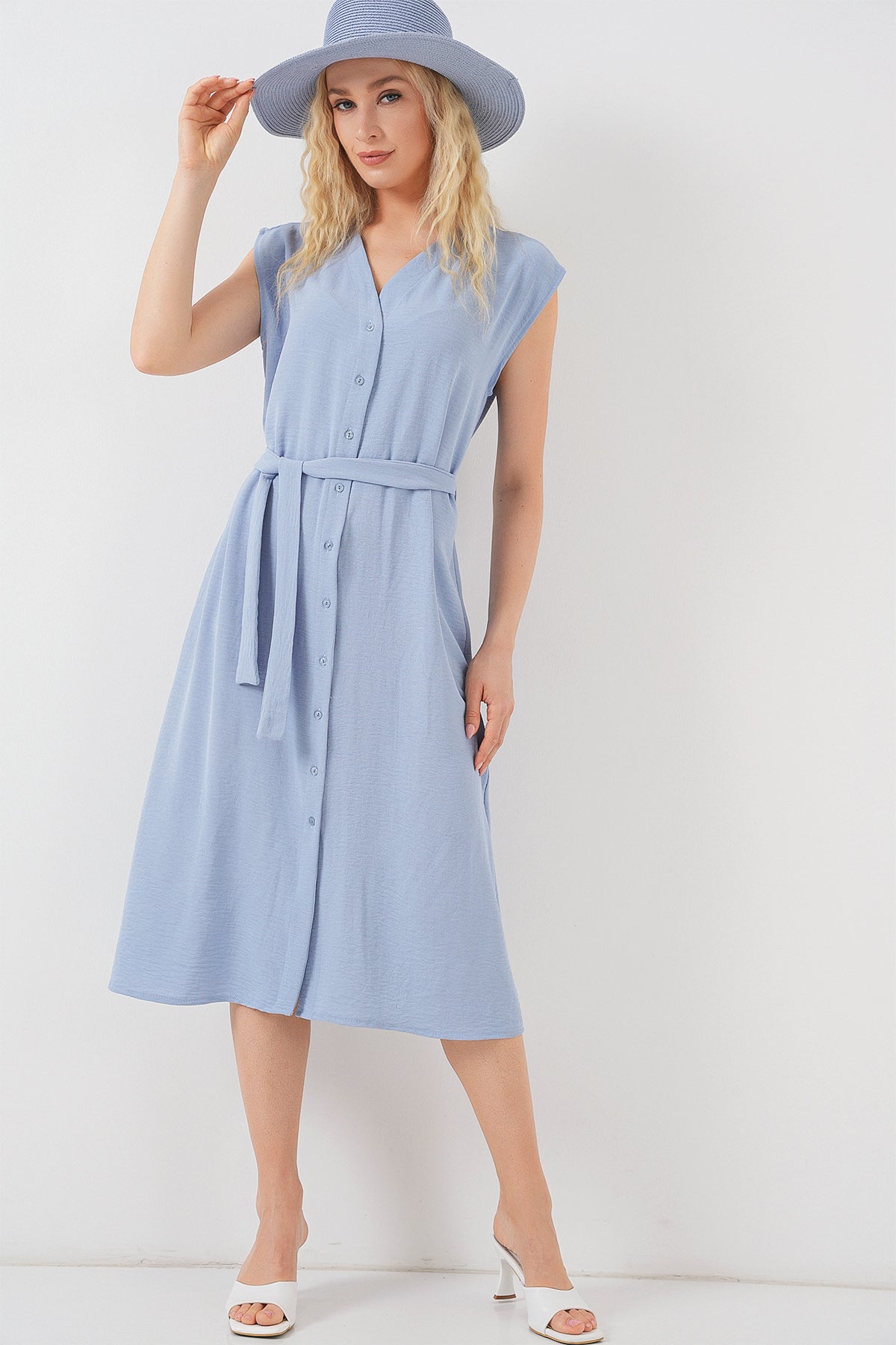 kadin sifir kol kuşakli ayrobin elbise 2568 - Justyol