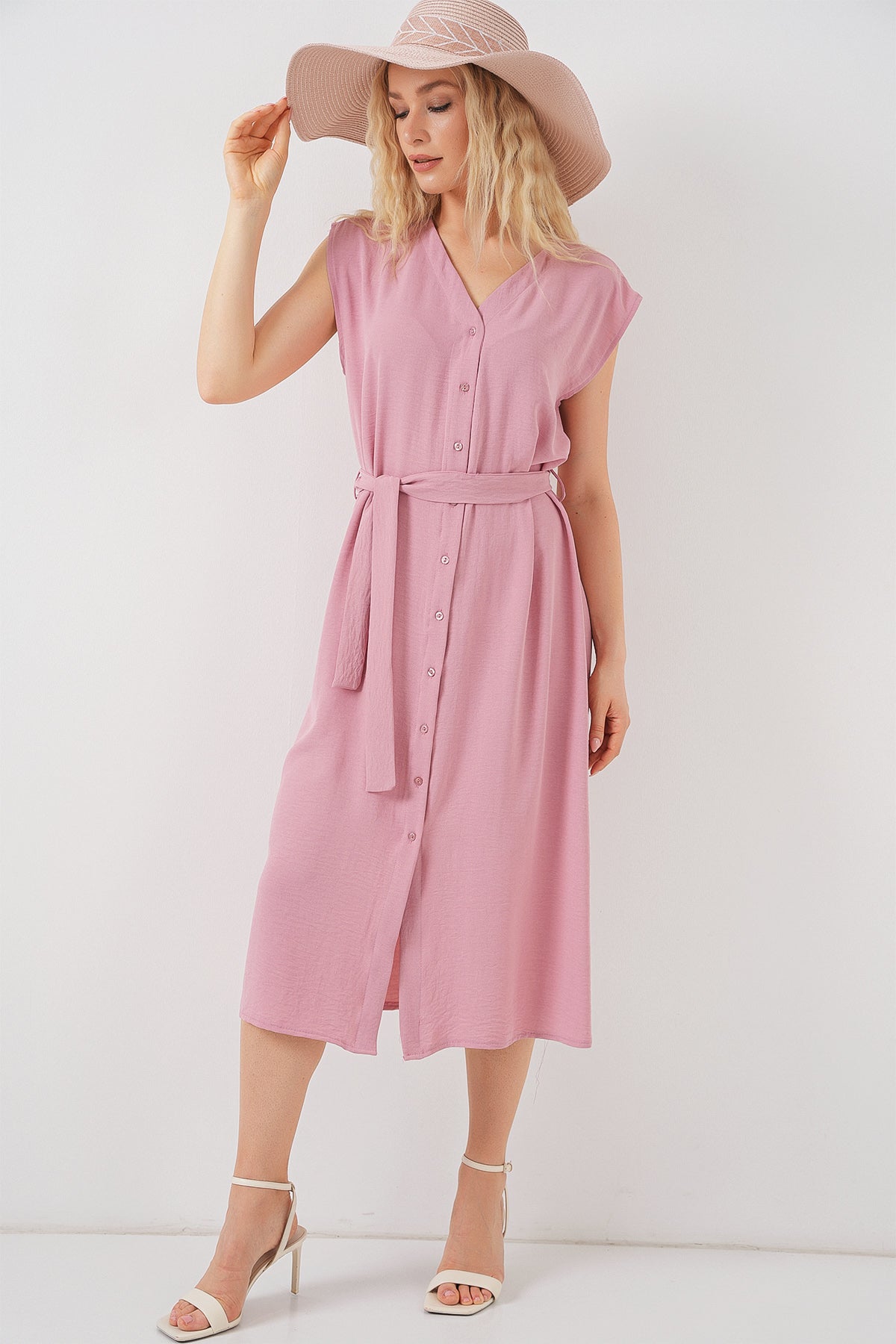 kadin sifir kol kuşakli ayrobin elbise 2568 - Justyol