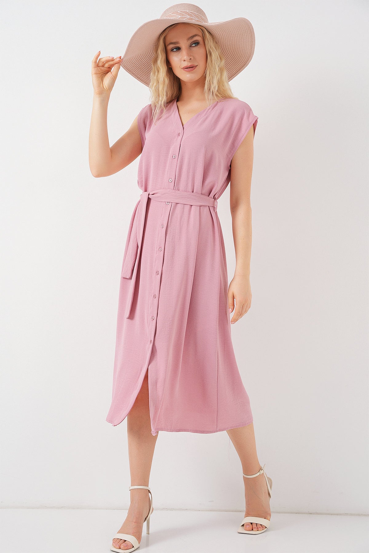 kadin sifir kol kuşakli ayrobin elbise 2568 - Justyol