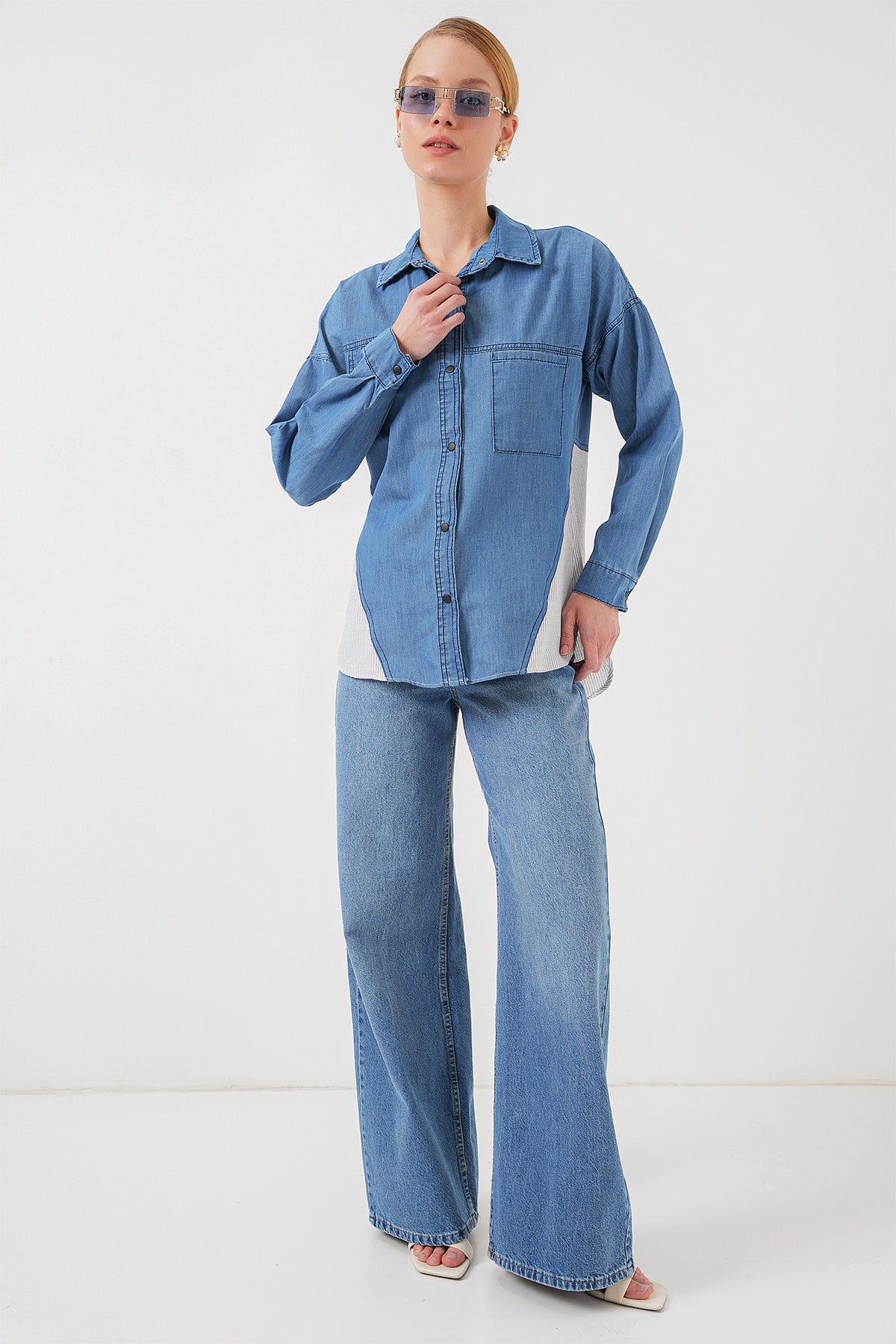 kadin sirt detayli kot gömlek 20305 - Justyol