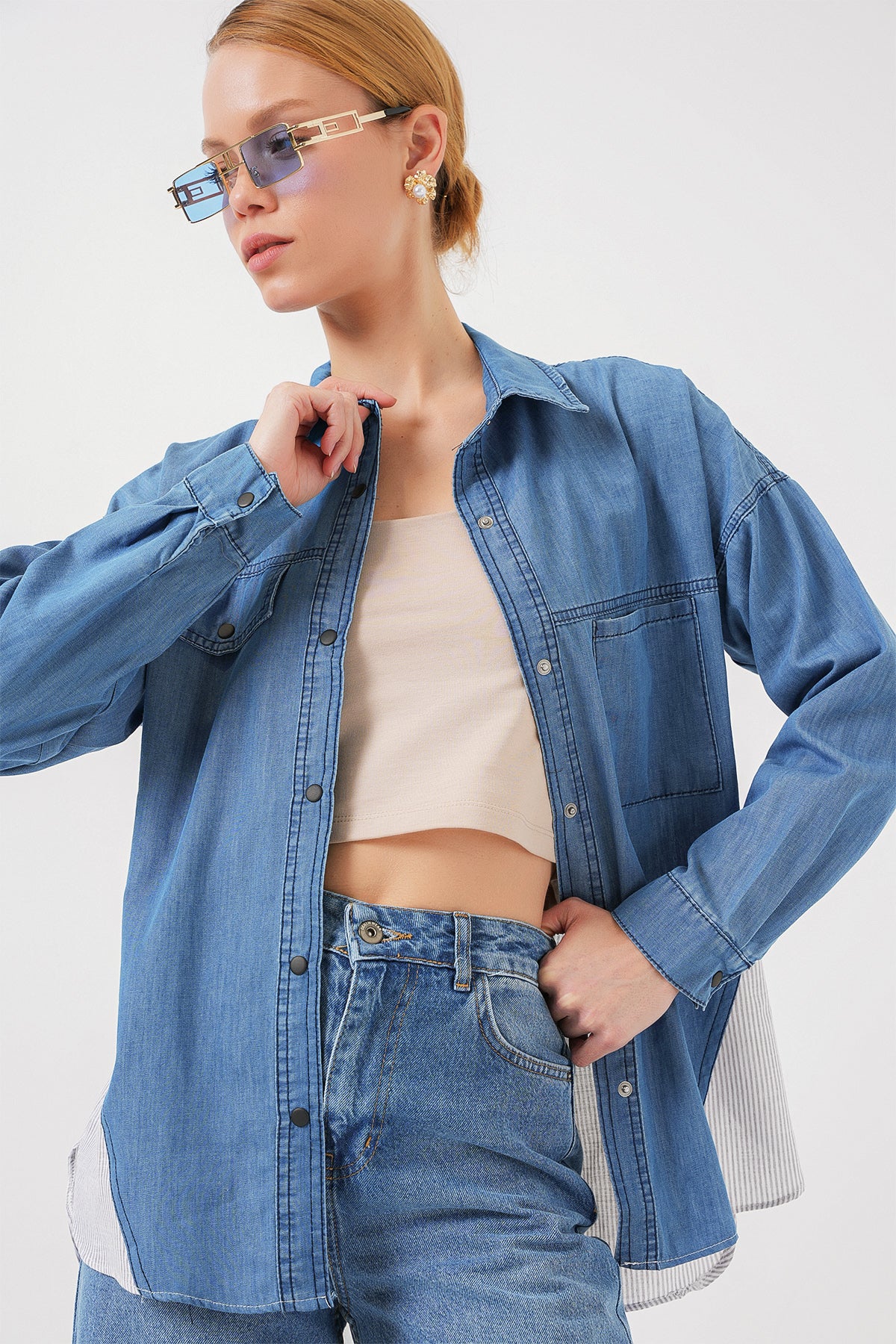 kadin sirt detayli kot gömlek 20305 - Justyol