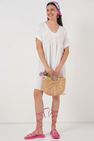 kadin v yaka kisa kol elbise 2567 - Justyol