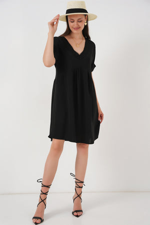 kadin v yaka kisa kol elbise 2567 - Justyol