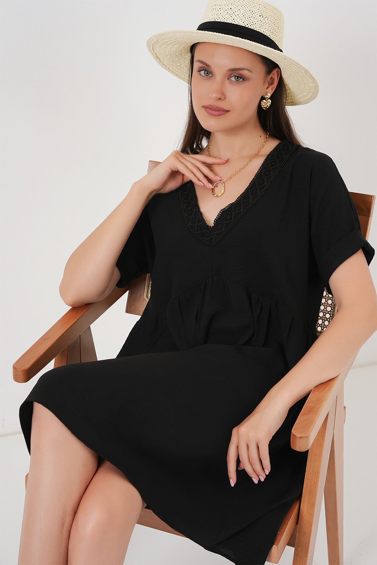 kadin v yaka kisa kol elbise 2567 - Justyol