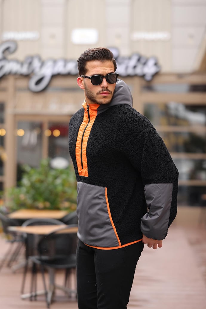 Kapüşonlu Kanguru Cepli Yarım Fermuar Peluş Sweatshirt