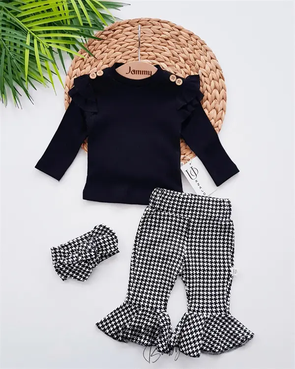 Ensemble bébé 3 pièces avec leggings évasé à motif carreaux et bandeau assorti