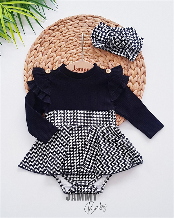 plaid pattern shoulder ruffle bandana bodysuit dress set-ekru