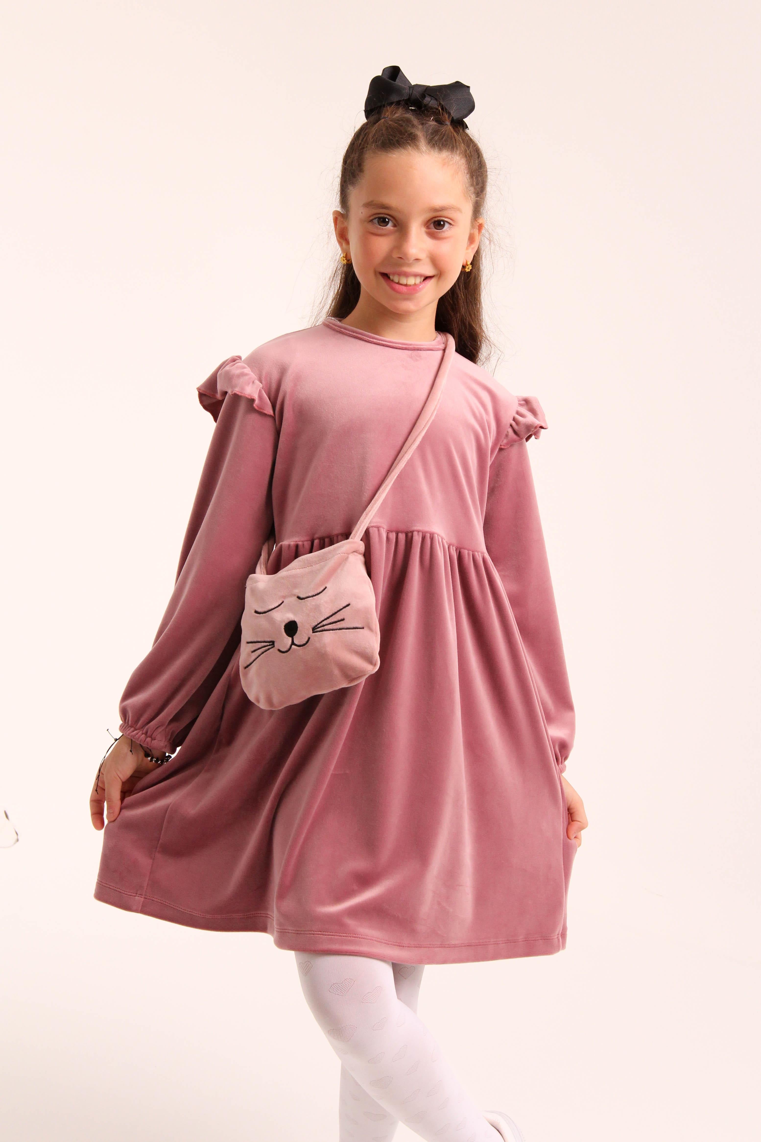 <tc>Robe fille en velours avec motif de chat et sac</tc>