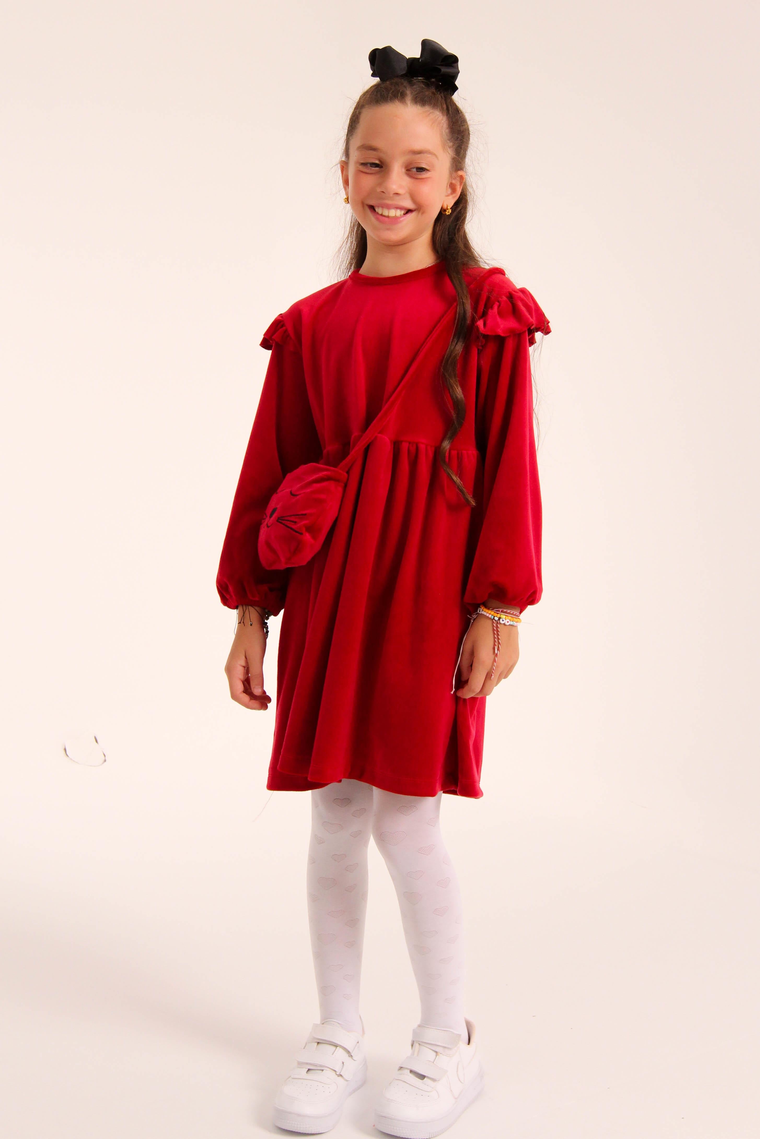 <tc>Robe fille en velours avec motif de chat et sac</tc>