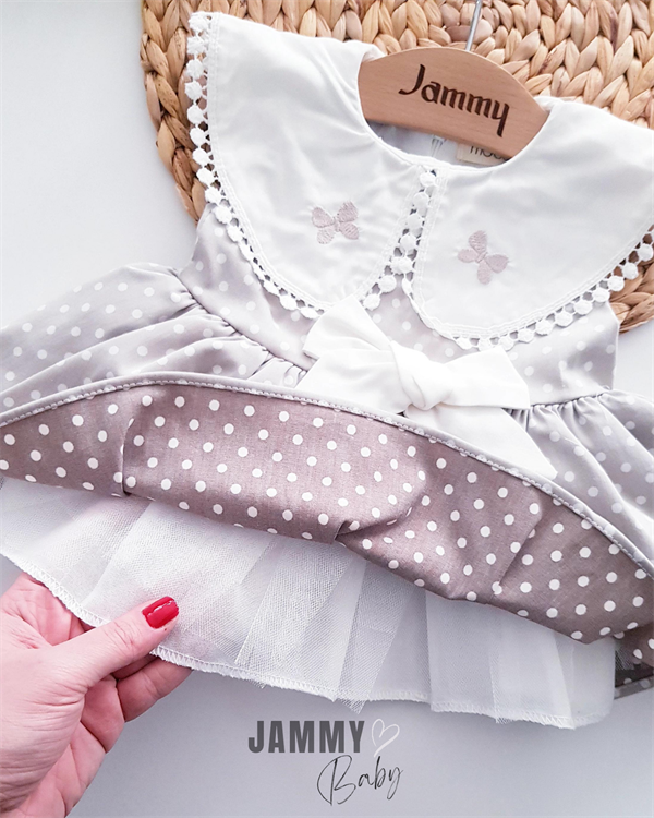 butterfly embroidered baby collar polka dot dress-gray