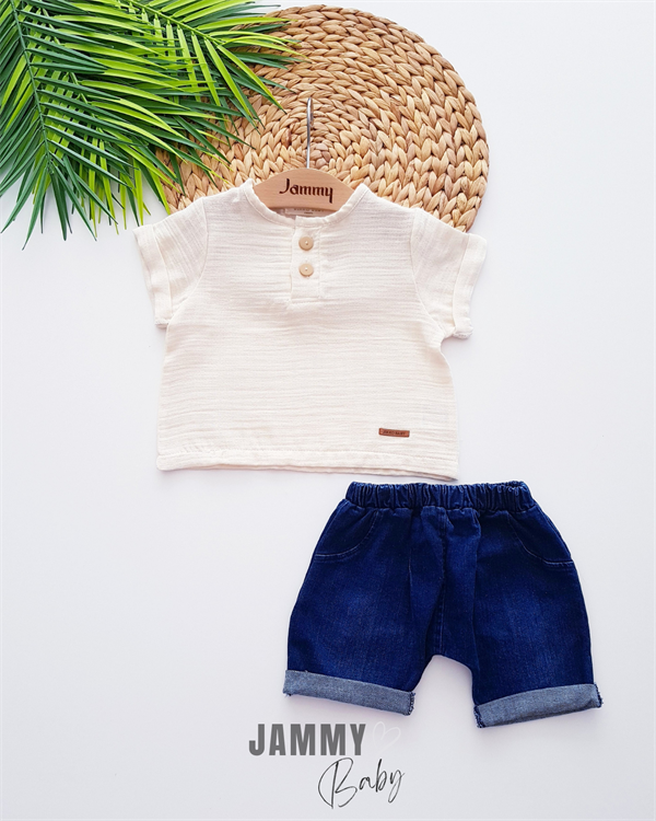 Ensemble body en mousseline Kelvin et short en jean-ECRU