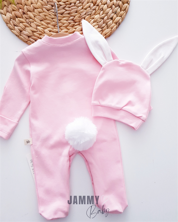 ensemble barboteuse lapin pompon avec gants - rose