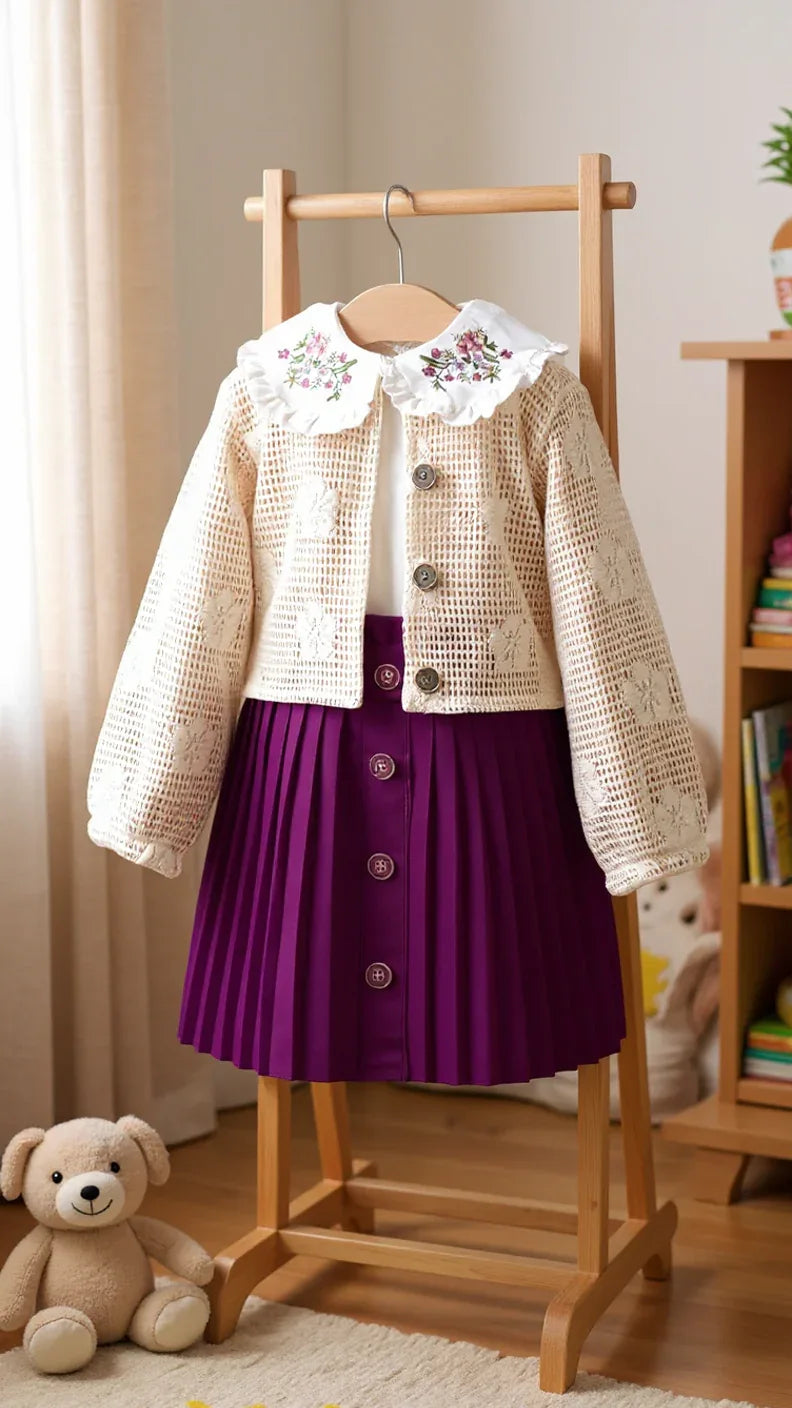 Tenue Élégante 3 Pièces pour Fille - Jupe Chic, Blouse Blanche et Veste Tricotée