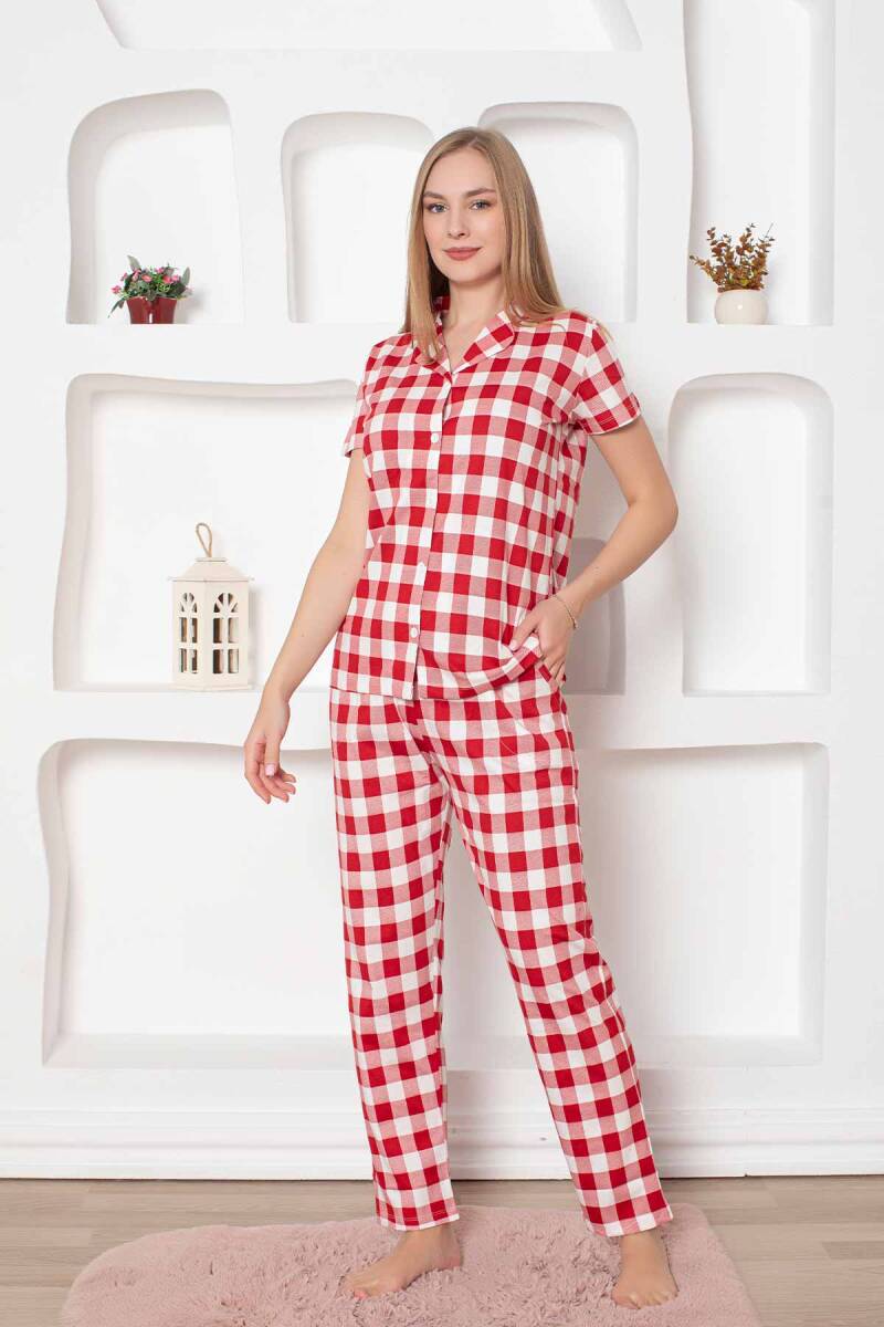 <tc>"Ensemble de pyjama à carreaux en coton, à manches courtes, avec boutons sur le devant, modèle Exclusive."</tc>