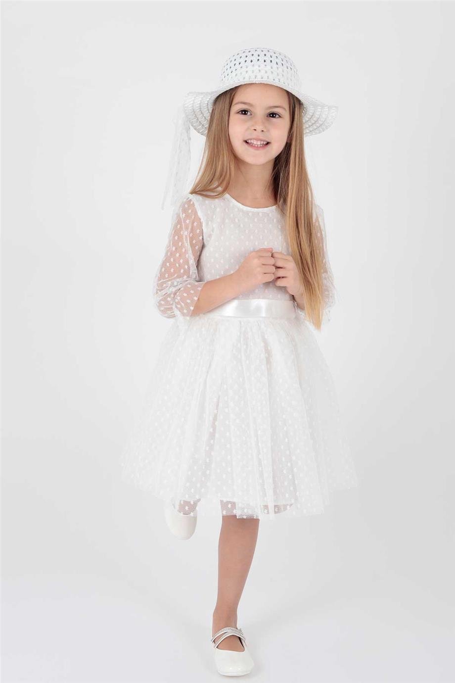 Classic Girls' Dress - Adorned with Tulle and Lace - 2 Pieces (Dress + Hat)