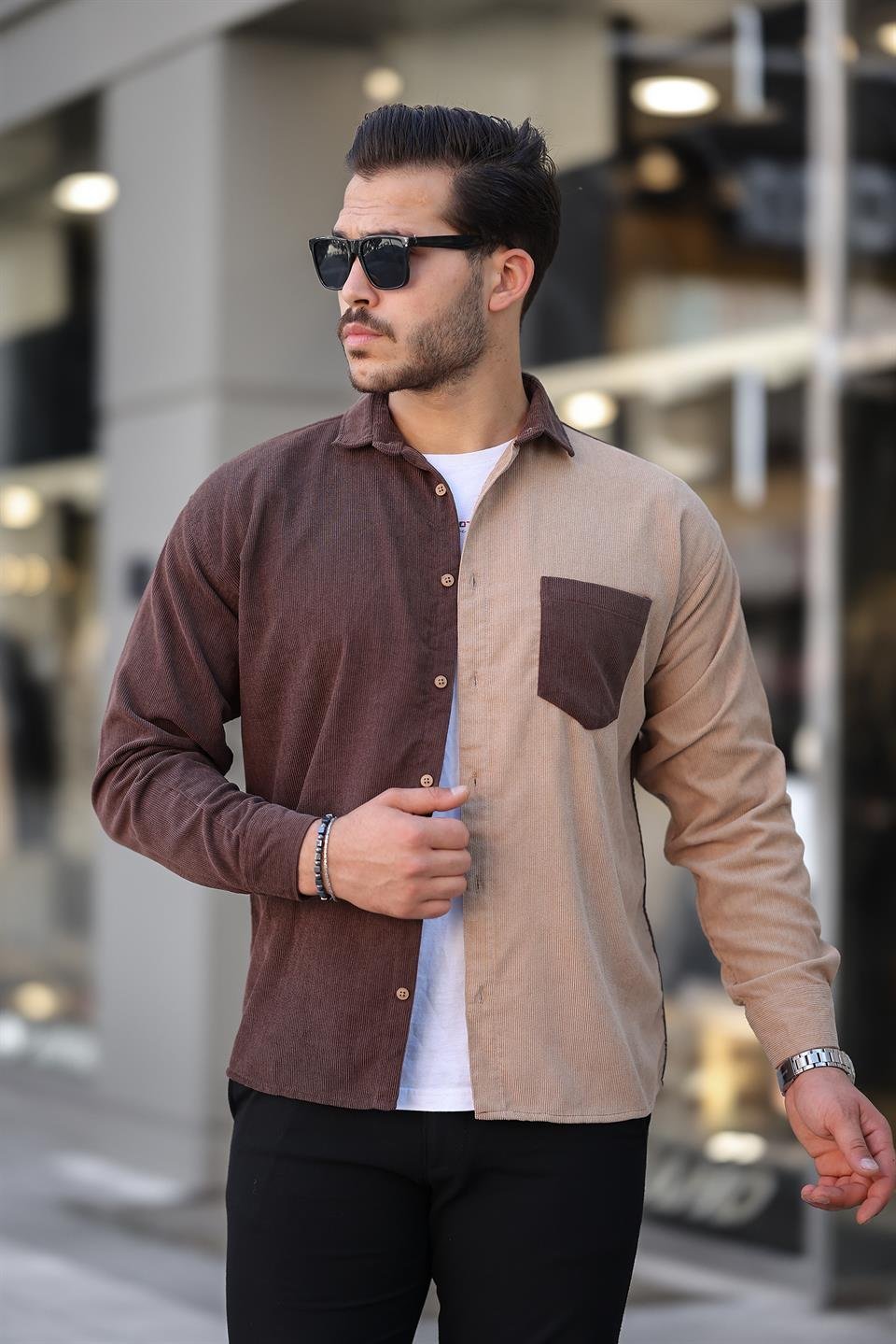 kontrast çift renk fitilli kadife gömlek - Justyol