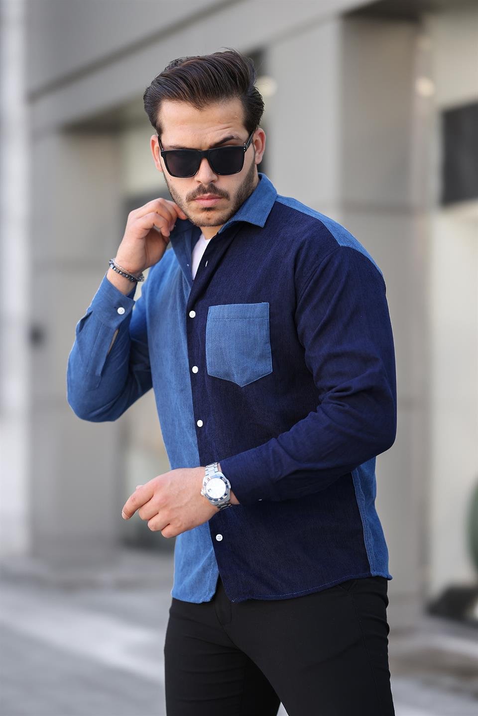 kontrast çift renk fitilli kadife gömlek - Justyol