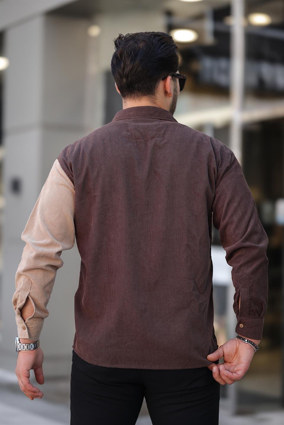 kontrast çift renk fitilli kadife gömlek - Justyol