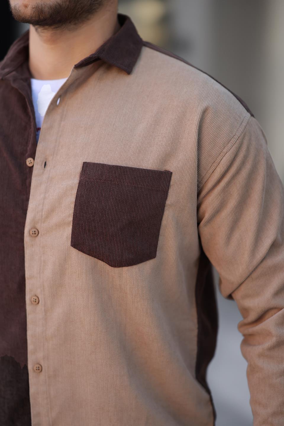 kontrast çift renk fitilli kadife gömlek - Justyol