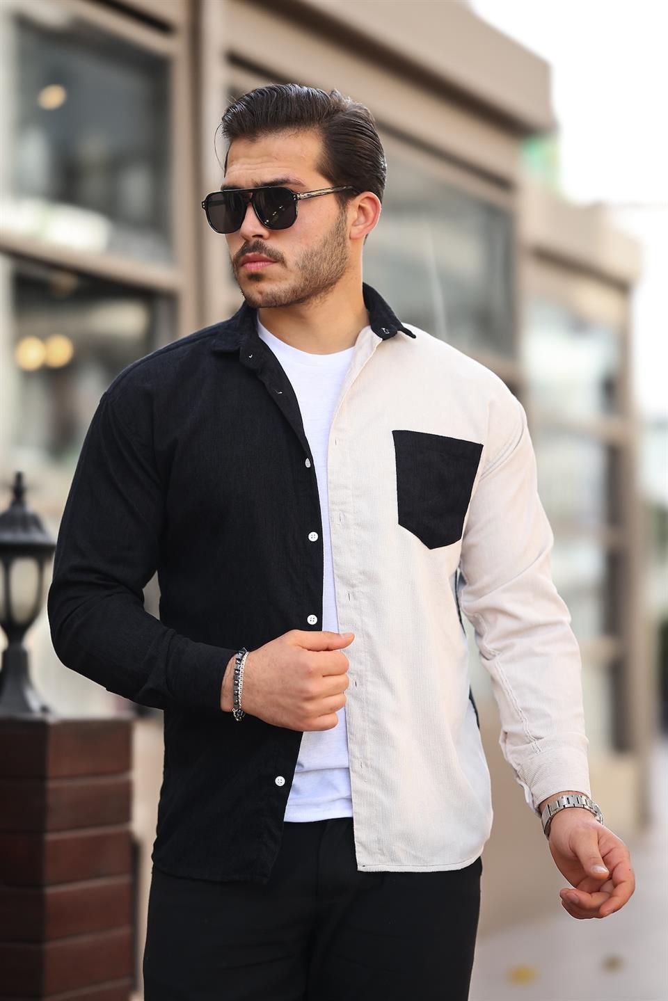 kontrast çift renk fitilli kadife gömlek - Justyol