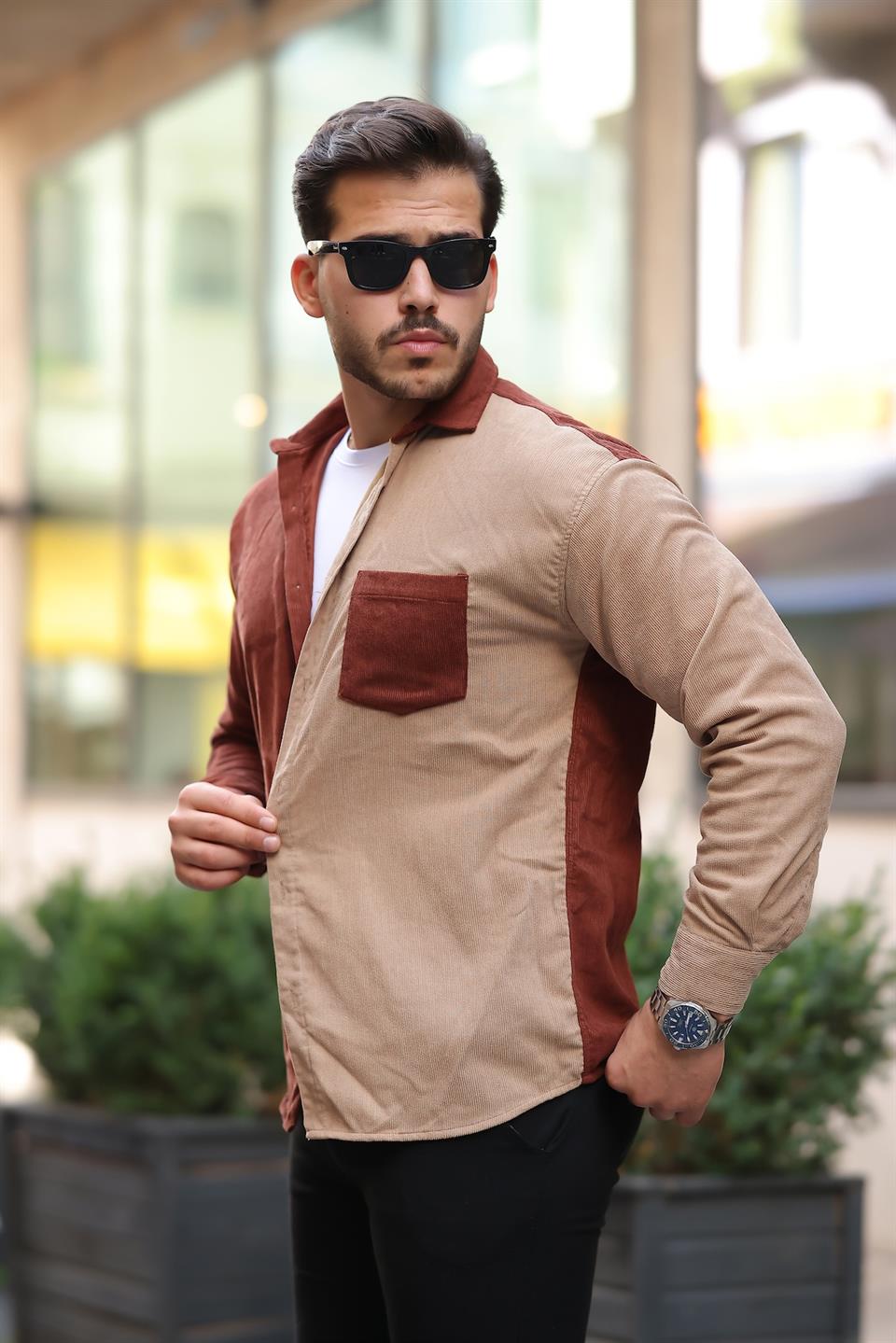 kontrast çift renk fitilli kadife gömlek - Justyol