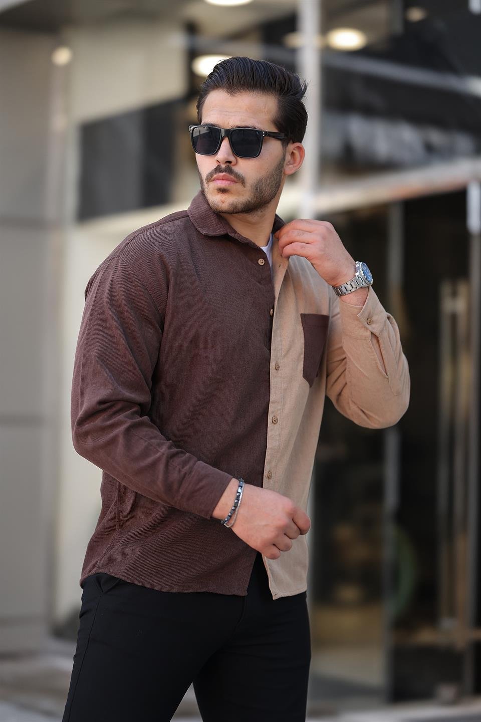 kontrast çift renk fitilli kadife gömlek - Justyol