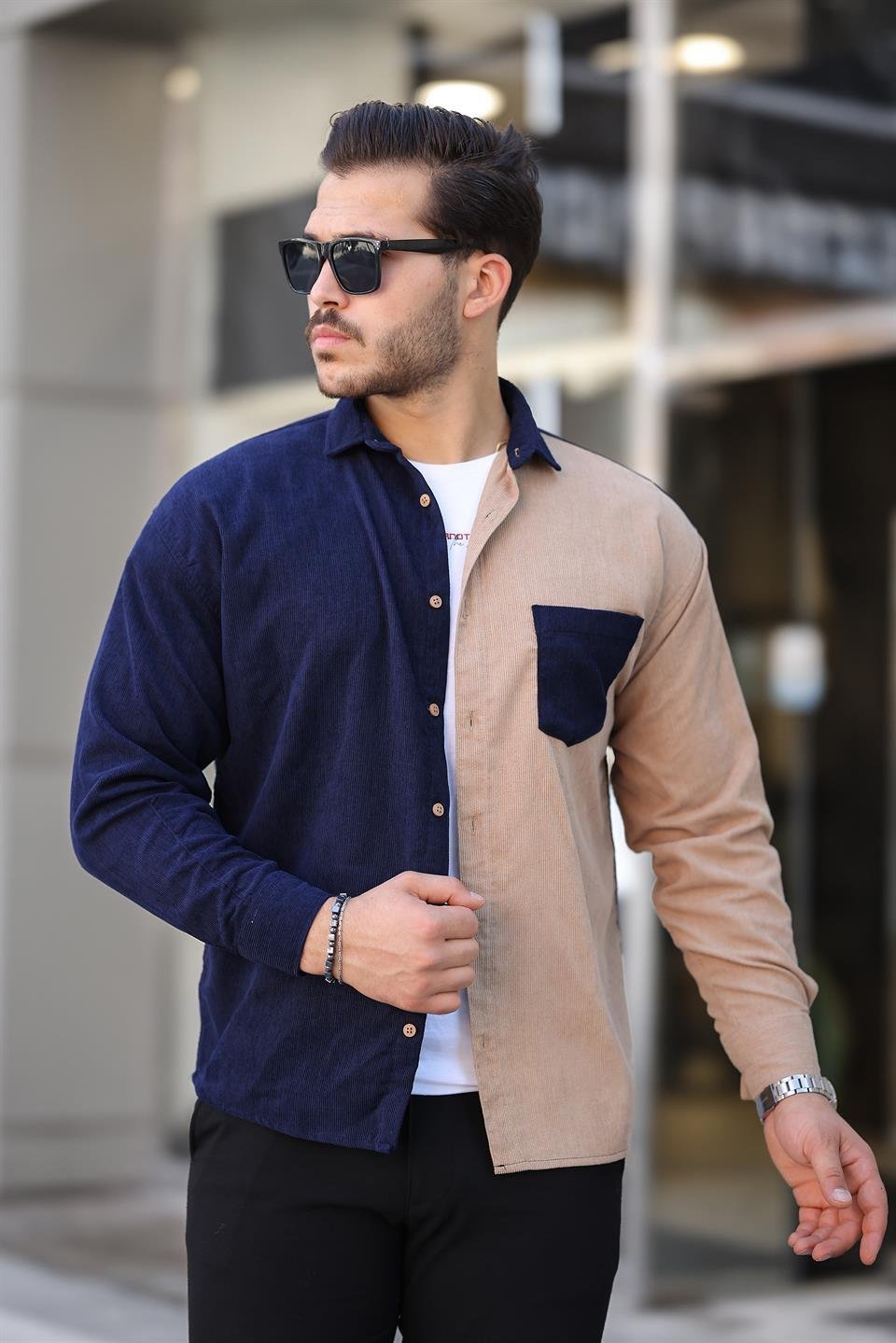 kontrast çift renk fitilli kadife gömlek - Justyol