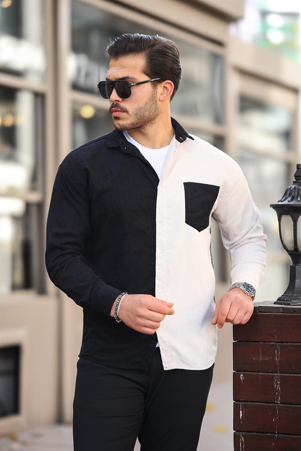 kontrast çift renk fitilli kadife gömlek - Justyol