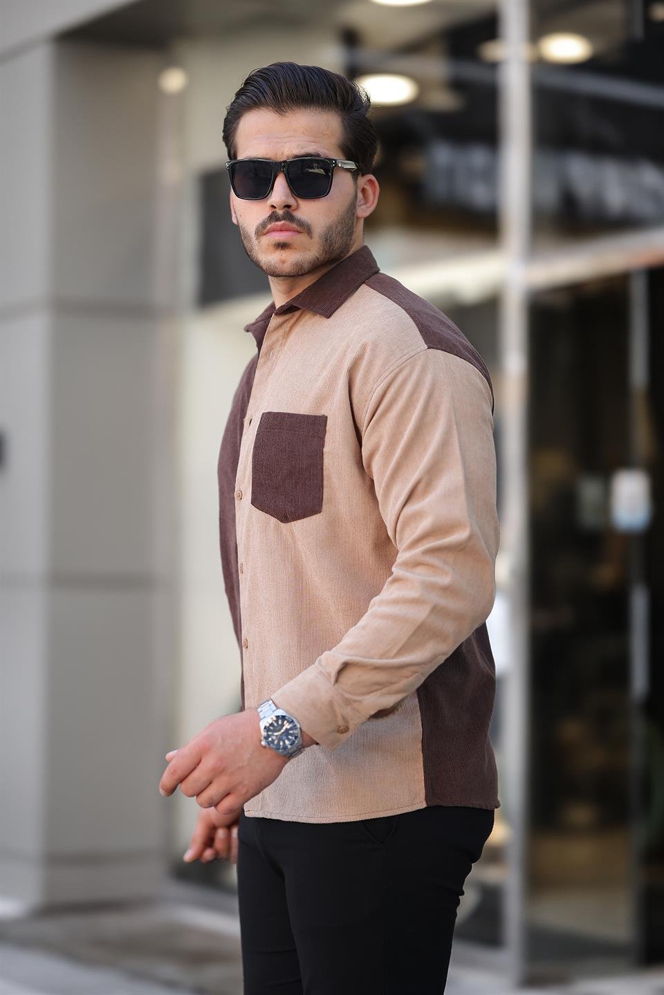 kontrast çift renk fitilli kadife gömlek - Justyol