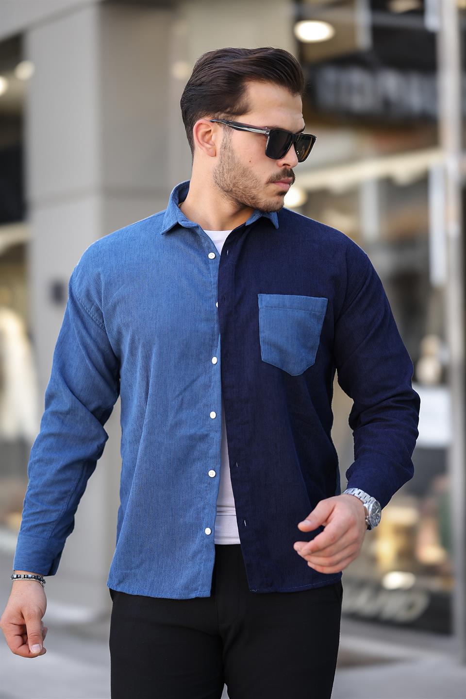 kontrast çift renk fitilli kadife gömlek - Justyol