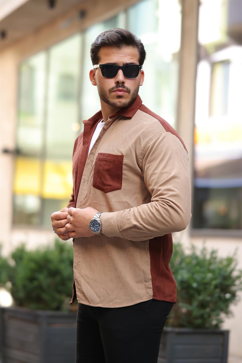 kontrast çift renk fitilli kadife gömlek - Justyol