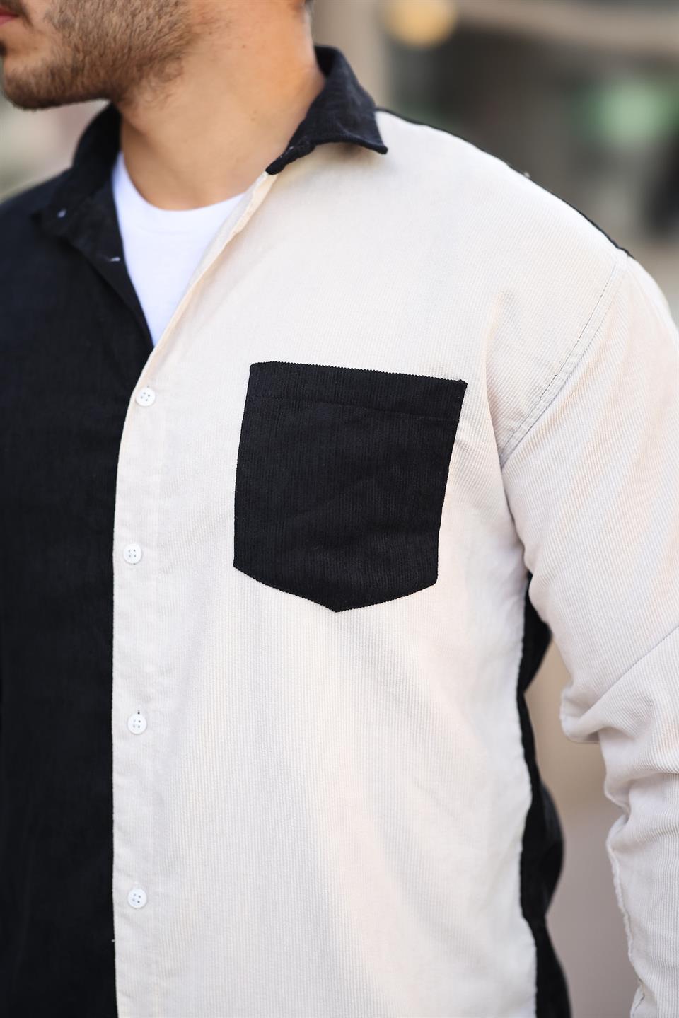 kontrast çift renk fitilli kadife gömlek - Justyol