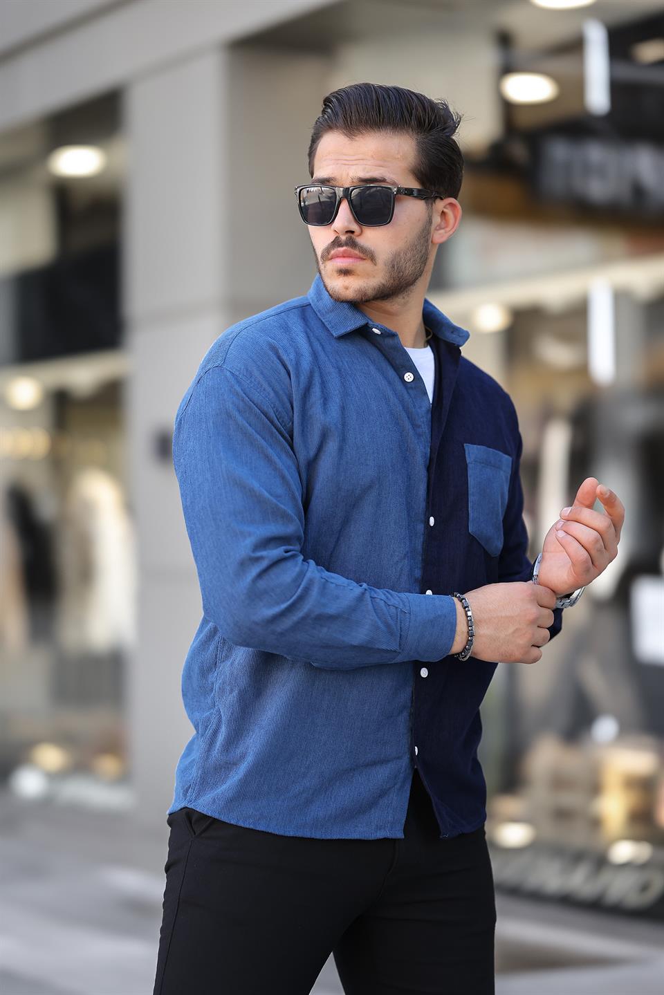 kontrast çift renk fitilli kadife gömlek - Justyol