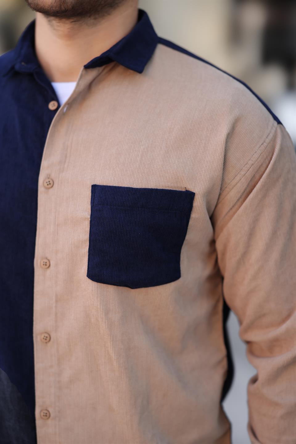 kontrast çift renk fitilli kadife gömlek - Justyol