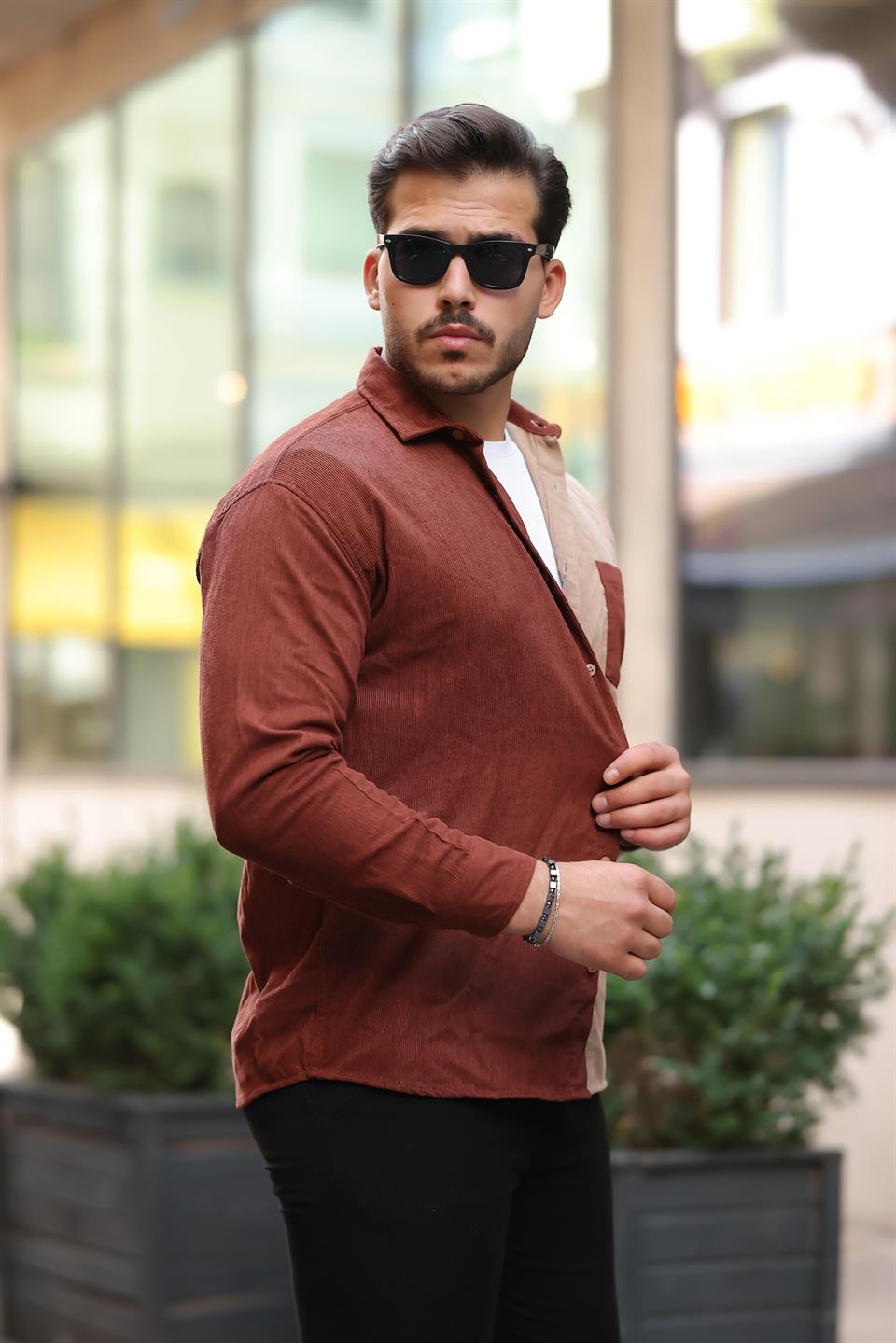 kontrast çift renk fitilli kadife gömlek - Justyol