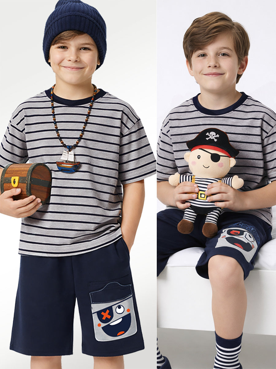 Ensemble garçon 2 pièces t-shirt rayé et short motif pirate – Style fun et confortable