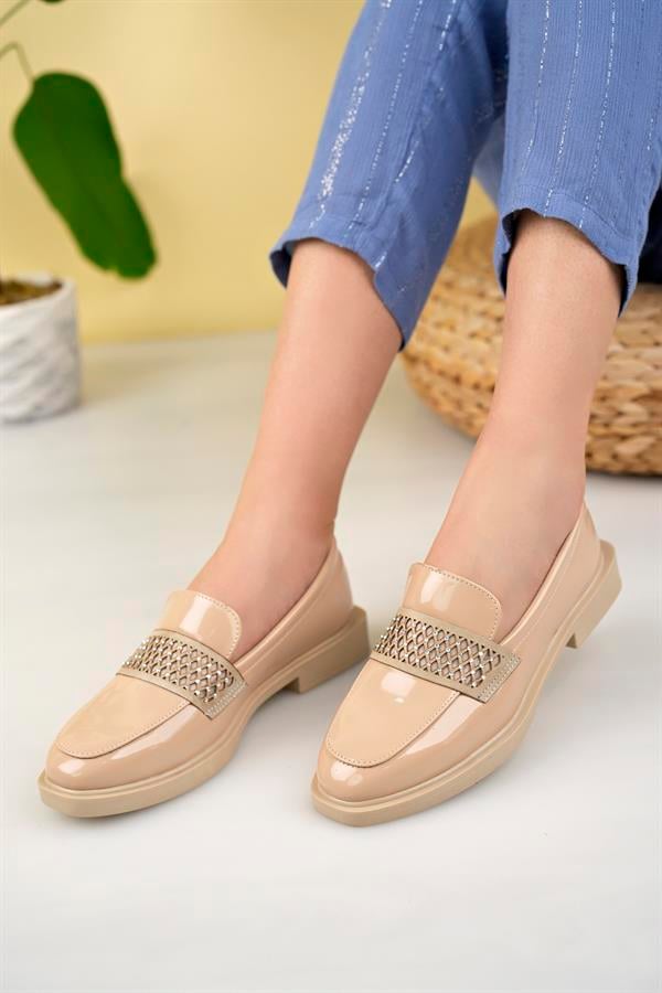 kadin siyah nude taşlitokali kalin taban pu deri günlük klasik topuklu loafer makosen ayakkabi - Justyol