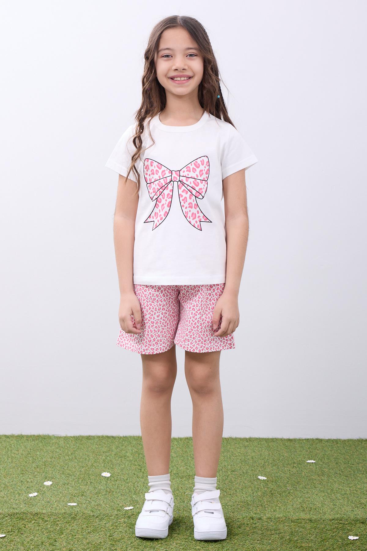 <tc>Ensemble pour fille - T-shirt avec motif léopard et imprimé nœud, accompagné d'un short</tc>