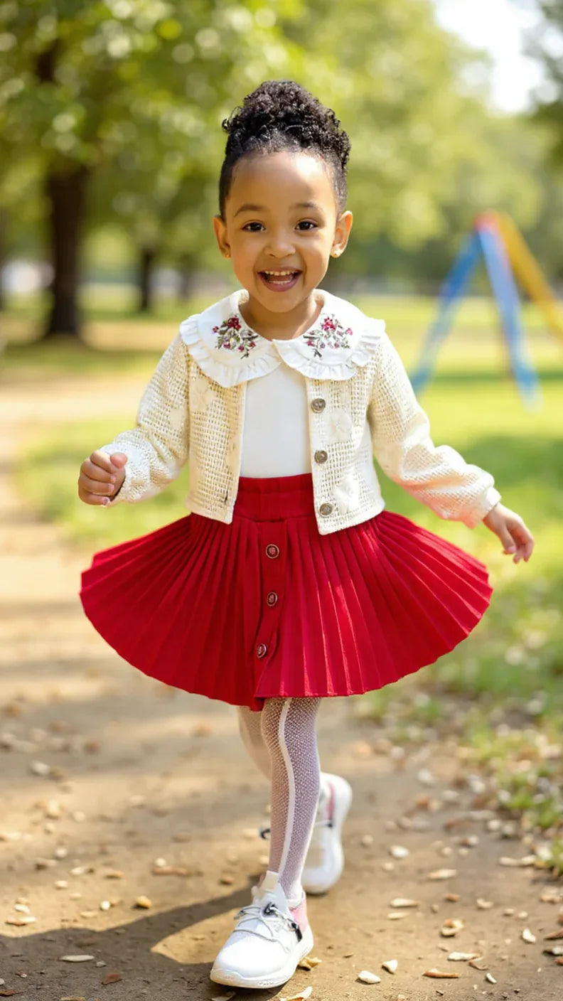Tenue Élégante 3 Pièces pour Fille - Jupe Chic, Blouse Blanche et Veste Tricotée