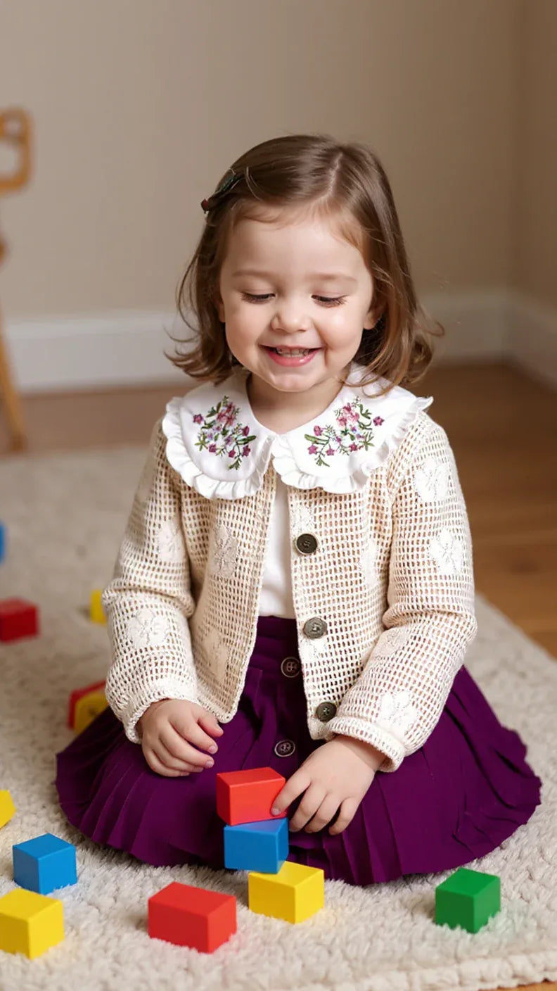 Tenue Élégante 3 Pièces pour Fille - Jupe Chic, Blouse Blanche et Veste Tricotée