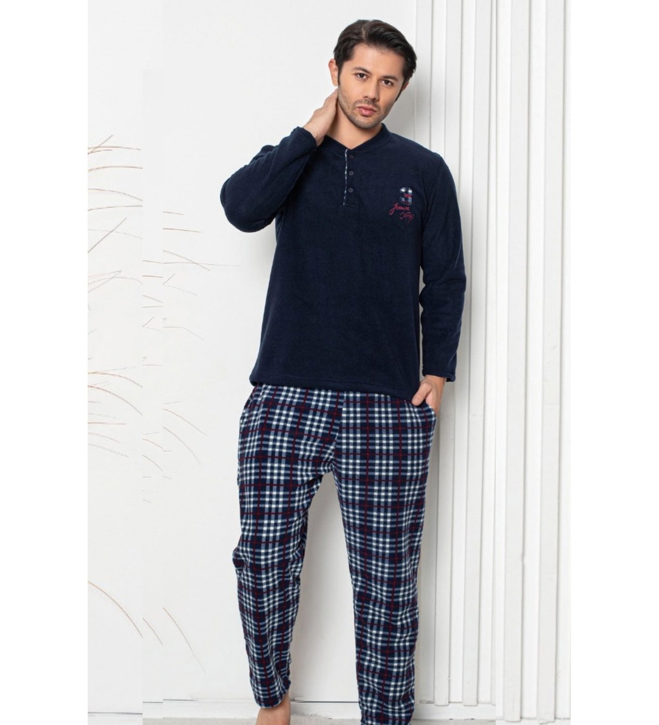 Luxury Soft Ekose Desenli Düğmeli Yaka Polar Erkek Pijama Takımı, İndigo, M-50164