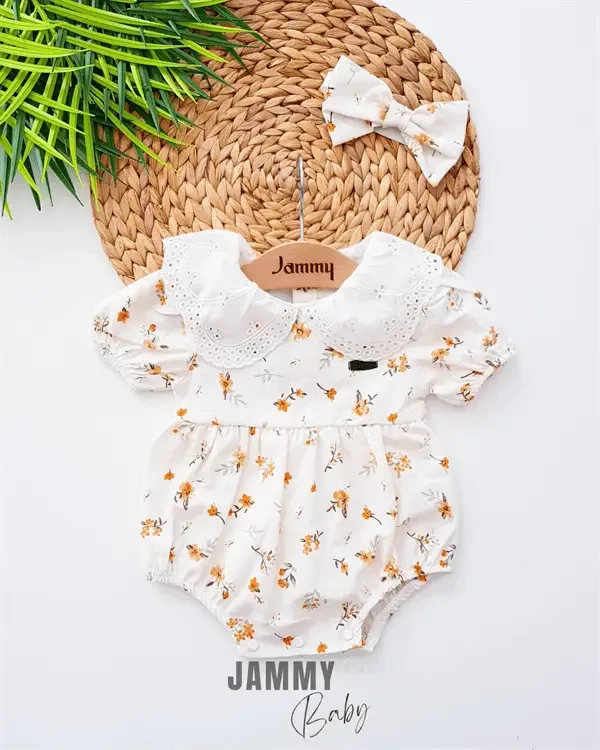 Ensemble Bébé Barboteuse avec Col Dentelle et Bandana Lydie