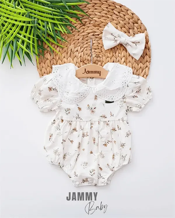 Ensemble Bébé Barboteuse avec Col Dentelle et Bandana Lydie