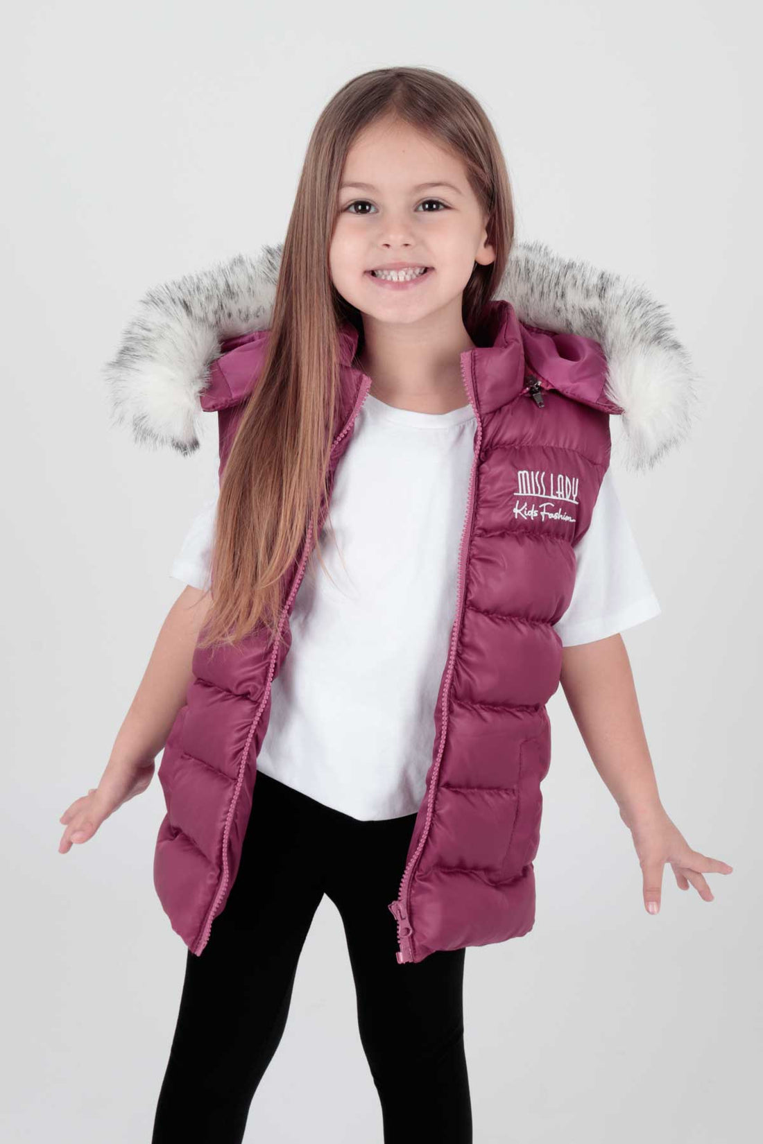 Girls' Jacket - Sleeveless - With Zipper - Hood Adorned with Fur - maroon