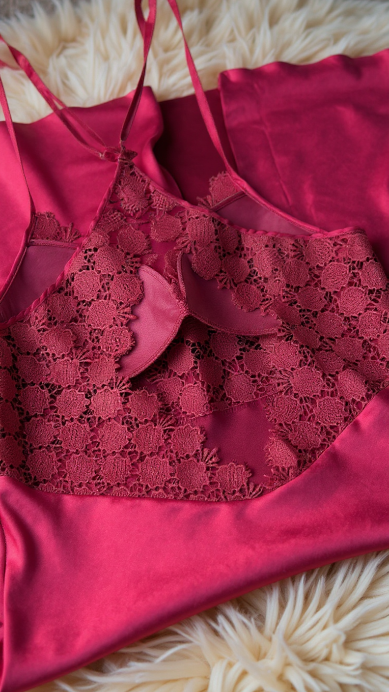 nightgown set 210 -Satin Nightwear Set with Lace Details and Robe Erotica