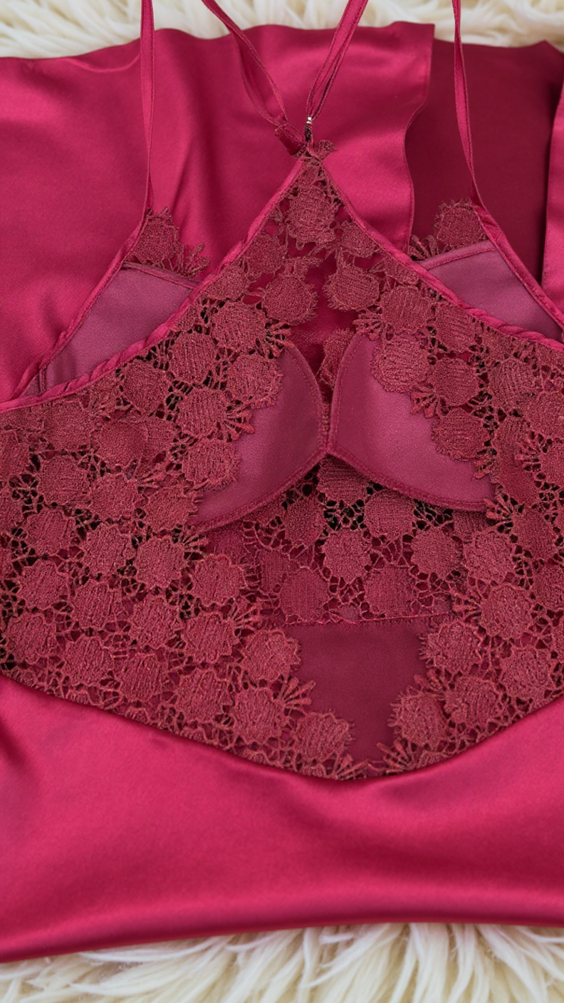 nightgown set 210 -Satin Nightwear Set with Lace Details and Robe Erotica